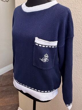 Classic Navy Crewneck Sweater with White Trim and Pocket - Women